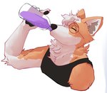 anthro beverage canid canine canis claws clothed clothing cloudboyo domestic_dog drinking eyes_closed eyewear fur glasses herding_dog hi_res holding_beverage holding_object male mammal pastoral_dog pawpads reuben_(naughtybutt) simple_background solo tan_body tan_fur welsh_corgi white_background