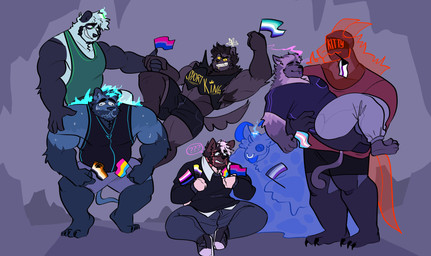anthro armpit_hair asexual_pride_colors barazoku barefoot bear_pride_colors bisexual_pride_colors black_bottomwear black_clothing black_footwear black_hair black_shirt black_shoes black_shorts black_tank_top black_topwear blep blue_body blue_fire blue_fur blue_horn bodily_fluids body_hair bottomwear brown_body brown_face brown_fur carrying_another cave clenched_teeth clothed clothed_anthro clothed_male clothing colored_fire crouching demisexual_pride_colors facial_piercing feet fire flag flag_(object) flag_in_mouth flaming_hair footwear fully_clothed fully_clothed_anthro fully_clothed_male fur genderfluid_pride_colors gloves_(marking) green_clothing green_shirt green_tank_top green_topwear grin group hair holding_flag holding_object horn lgbt_pride machine male male_anthro markings mouth_hold multicolored_body multicolored_clothing multicolored_fur multicolored_hair multicolored_shirt multicolored_tank_top multicolored_topwear muscular muscular_anthro muscular_male nonbinary_pride_colors nose_piercing nose_ring orange_body orange_fur pansexual_pride_colors pants piercing pink_hair pride_colors pseudo_hair purple_body purple_bottomwear purple_clothing purple_fur purple_pants question_mark red_clothing red_glow red_horn red_shirt red_tail red_topwear ring_piercing shirt shorts sitting smile standing sweat tail tank_top teeth text text_on_clothing text_on_shirt text_on_topwear tongue tongue_out topwear transgender_pride_colors two_tone_body two_tone_fur two_tone_hair vincian_pride_colors yellow_sclera yellow_text melaisen mythology alvin_(melaisen) amihan_(melaisen) bau_(melaisen) bernard_(melaisen) er-05_(melaisen) goto_(melaisen) tolentino_(melaisen) bear bovid bovine cattle demon dragon felid giant_panda goo_creature mammal mythological_creature mythological_scalie pantherine robot scalie 2022 absurd_res digital_drawing_(artwork) digital_media_(artwork) hi_res nonbinary_(lore)
