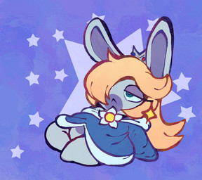 anthro bent_leg blonde_hair blue_background blue_clothing blue_dress blue_eyes brown_line_art closed_frown clothed clothed_female clothing crown dress ear_piercing eyelashes featureless_crotch featureless_legs female female_anthro frown gem grey_body grey_eyelids grey_inner_ear grey_skin hair hair_over_eye headgear leaning leaning_backward long_ears long_hair mouth_closed multicolored_body noseless piercing ruby_(gem) simple_background sitting solo star_(shape) star_ear_piercing thick_thighs two_tone_body critterzone13 mario_plus_rabbids_sparks_of_hope nintendo raving_rabbids rayman_(series) ubisoft rabbid_rosalina lagomorph mammal rabbid 2023 colored_line_art digital_drawing_(artwork) digital_media_(artwork) english_description flat_colors