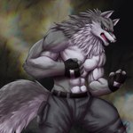 abs anthro biceps biped black_nose bottomwear clothing fangs fluffy fluffy_tail fur grey_body grey_fur grey_tail looking_at_viewer male multicolored_body multicolored_fur muscular muscular_anthro muscular_male neck_tuft open_mouth pants pecs pose red_eyes scar sharp_teeth solo spreading tail teeth tuft two_tone_body two_tone_fur white_body white_fur chibikoma bloody_roar konami yugo_ogami canid canine canis mammal wolf 2021 absurd_res digital_drawing_(artwork) digital_media_(artwork) hi_res portrait three-quarter_portrait