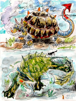 ambiguous_gender black_body black_fur blue_tongue claws duo facial_horn feet feral fin fully_submerged fur green_body green_scales grey_body grey_eyes grey_fur horn membrane_(anatomy) nose_horn open_mouth orange_horn orange_spikes red_eyes riding_on_back scales sharp_teeth shell size_difference smoke smoke_from_mouth spade_tail spiked_shell spikes spikes_(anatomy) swimming tail teeth toes tongue tongue_out underwater water webbed_feet white_body white_fur kyokyota ambient_fish ambient_sealife canid canine canis domestic_dog husky mammal monster nordic_sled_dog reptile scalie spitz turtle 2014 absurd_res hi_res multiple_images painting_(artwork) pen_(artwork) shaded traditional_media_(artwork) watercolor_(artwork)