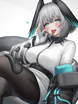 blue_eyes blush breasts clothed clothing fellatio_gesture female fingerless_gloves gesture gloves grey_hair hair handwear head_wings jacket legwear looking_at_viewer simple_background solo suggestive suggestive_gesture tail tights tongue tongue_out topwear unusual_wing_placement white_background wings tabhead arknights hypergryph studio_montagne ho'olheyak_(arknights) animal_humanoid humanoid 3:4 absurd_res hi_res