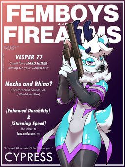 anthro arm_warmers armwear bulge clothed clothing crossdressing_male femboy fingerless_armwear fingerless_gloves fingers gloves gun handwear holding_object holding_ranged_weapon holding_weapon legwear looking_at_viewer male male_anthro no_underwear ranged_weapon scut_tail short_tail side_slit side_slit_dress silencer slit_dress solo split_dress tail text thigh_highs trigger_discipline weapon marcus_gray femboys_and_firearms cypress_(biohazardxp) deer mammal new_world_deer reindeer 2025 3:4 cover english_text hi_res magazine_cover meme