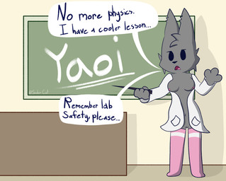 anthro bad_teaching black_eyes black_nose breasts chalkboard classroom clothing coat desk facial_tuft female fur furniture genitals gesture grey_body grey_fur hand_gesture lab_coat legwear mostly_nude navel nipples nudist pattern_clothing pink_clothing pink_legwear pink_thigh_highs pointing school simple_background simple_eyes solo speech_bubble standing stick striped_clothing stripes table teacher text thigh_highs topwear tuft vulva yellow_background soder_cat link_fuzion_(soder_cat) felid feline lynx mammal absurd_res english_text hi_res nonbinary_(lore)