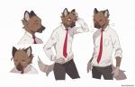 anthro blush brown_body brown_fur clothed clothing daww fully_clothed fur gloves_(marking) hand_on_head male markings multiple_poses necktie pose simple_background smile solo white_background notglacier aggretsuko sanrio haida_(aggretsuko) hyena mammal spotted_hyena absurd_res hi_res signature