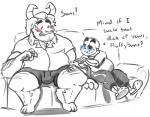 animated_skeleton anthro arm_hair asgore_dreemurr beard blush body_hair bone boss_monster_(undertale) bovid bulge buttdawg caprine clothing dialogue duo english_text facial_hair furniture horn long_ears male male/male mammal mature_anthro mature_male overweight overweight_male sans_(undertale) shirt size_difference skeleton sofa text topwear undead undertale undertale_(series)