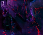 anthro blood blue_eyes bodily_fluids breasts broken_glass female female/female fur glass glowing glowing_eyes gore group gun neon night nightclub ranged_weapon stairs tactical_gear weapon yellow_body yellow_fur simpleesteban fan_character felid feline mammal an digital_drawing_(artwork) digital_media_(artwork) hi_res