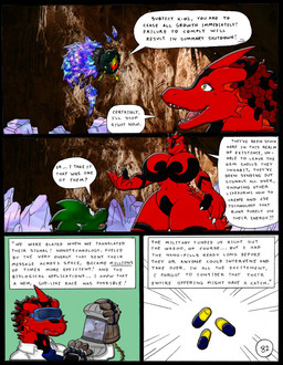ambiguous_gender anthro big_breasts body_size_growth breasts dialogue_box female group growth_lines huge_breasts machine male size_difference size_transformation speech_bubble spikes spikes_(anatomy) text transformation trio dnapalmhead redsaber third-party_edit mythology dragon mythological_creature mythological_scalie robot scalie comic english_text