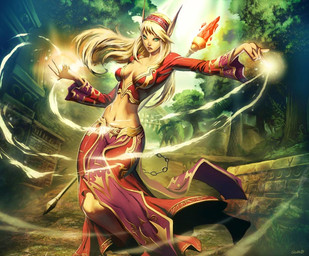 5_fingers accessory blonde_hair breasts building clothing detailed_background female fingers forest green_eyes hair hair_accessory hairband humanoid_pointy_ears jungle magic navel not_furry outside plant pointy_ears red_clothing rock solo staff tree genzoman blizzard_entertainment warcraft world_of_warcraft_trading_card_game blood_elf elf humanoid digital_media_(artwork) official_art