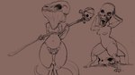 anthro bone breasts duo female genitals holding_object holding_staff looking_at_viewer mask nipples non-mammal_breasts pussy simple_background skull skull_mask small_breasts staff thick_thighs tribal meandraco kobold reptile scalie 16:9 hi_res widescreen