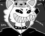 alternative_fashion anthro cheek_tuft clothing collar facial_tuft giggling grin half-closed_eyes male narrowed_eyes onesie punk sharp_teeth smile solo spiked_collar spikes teeth text tuft sinsquest sins_(sinsquest) bat mammal english_text greyscale monochrome trans_(lore) trans_man_(lore)