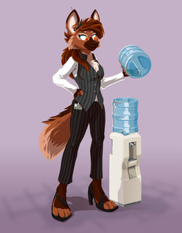 4_fingers anthro badge bottle clothing container female fingers footwear fur high_heels holding_bottle holding_container holding_object holding_water_bottle shoes solo water_bottle water_cooler tirrel leah_(sofia.exe) canid canine mammal maned_wolf hi_res