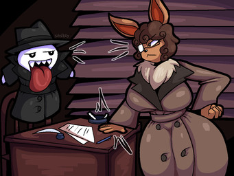 anthro anthrofied brown_hair brown_nose clothing coat desk duo eyewear fedora female fur furniture glasses hair hand_on_desk hand_on_hip hat headgear headwear neck_tuft noir office open_mouth open_smile sharp_teeth smile table tan_body tan_fur teeth tongue tongue_out topwear trenchcoat tuft derocrossh mario_bros nintendo pokemon boo_(mario) eevee generation_1_pokemon pokemon_(species) 4:3