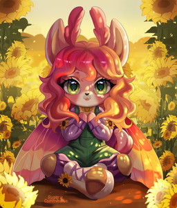anthro boots clothing female flower fluffy fluffy_ears fluffy_tail footwear green_clothing green_eyes hair paws pink_body pink_boots pink_clothing pink_footwear pink_hair pink_wings plant shoes smile sun sunflower tail wings yellow_wings sugar_(artist) arthropod insect lepidopteran moth absurd_res hi_res
