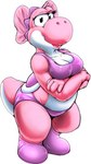 2022 anthro big_breasts bra breasts cleavage clothed clothing digital_drawing_(artwork) digital_media_(artwork) female front_view kitsune_youkai mario_bros nintendo non-mammal_breasts panties pink_bra pink_clothing pink_panties pink_underwear pink_yoshi scalie shaded simple_background sloot_yoshi solo tail thick_tail three-quarter_view underwear underwear_only white_background yoshi