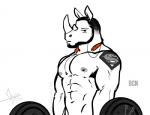 abs anthro barbell beard biceps exercise facial_hair front_view hair holding_object horn looking_at_viewer male muscular muscular_anthro muscular_male navel nipples pecs short_hair simple_background snout solo standing tattoo weightlifting weights white_background workout bgn isaiah mammal rhinoceros 2017 black_and_white digital_media_(artwork) half-length_portrait monochrome portrait signature spot_color watermark