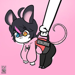 anthro black_hair bottomwear carrying_handle chibi clothing disembodied_hand duo femboy freckles fur grey_body grey_fur hair heterochromia highlights_(coloring) hoodie male micro pants pink_background pink_body pink_highlights pink_skin simple_background smile solo_focus topwear white_body white_fur wide_eyed yoga_pants halotroll nico_(labrattt) fancy_rat mammal murid murine rat rodent 1:1 absurd_res hi_res