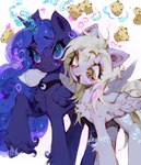 1_horn blonde_hair blue_body blue_eyes blue_fur blue_hair blush cutie_mark derp_eyes duo ethereal_hair female female/female feral fetlocks food fur grey_body grey_fur hair heart_symbol hooves horn hug long_hair magic muffin open_mouth open_smile simple_background smile tail telekinesis white_background wings yellow_eyes p0nyplanet friendship_is_magic hasbro my_little_pony mythology derpy_hooves_(mlp) princess_luna_(mlp) equid equine mammal mythological_creature mythological_equine pegasus winged_unicorn digital_drawing_(artwork) digital_media_(artwork) hi_res watermark