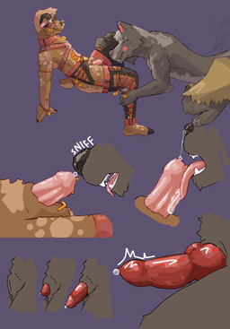 animal_genitalia anthro becoming_erect canine_genitalia duo genitals licking male male/male oral penile penis penis_lick penis_sniffing sex sniffing tongue unknown_artist mythology bovid canid canine caprine mammal mythological_canine mythological_creature sheep werecanid werecanine werecreature werewolf hi_res
