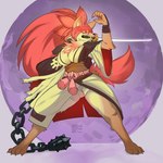 anthro barefoot big_breasts biped breasts brown_body brown_fur clothed clothing feet female fully_clothed fur hair melee_weapon purple_background red_hair simple_background solo standing sword sword_in_mouth weapon swiwwel arc_system_works guilty_gear baiken canid canine fox mammal 2024 absurd_res digital_drawing_(artwork) digital_media_(artwork) hi_res