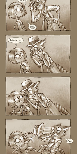 anthro clothing confusion duo ear_tuft female footwear fur hat headgear headwear high_heels hoodie humor making_faces male misunderstanding necktie shoes smoking suspenders tail text topwear tuft unimpressed tracy_j._butler lackadaisy dorian_zibowski domestic_cat felid feline felis human mammal absurd_res comic english_text hi_res long_image monochrome sepia tall_image url
