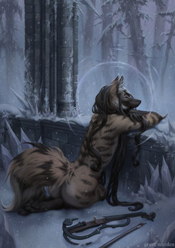 anthro black_body black_fur black_hair brown_body brown_fur bubble_butt butt eyes_closed fantasy fluffy fluffy_tail forest fur hair ice long_hair male musical_instrument nude nude_anthro nude_male pawpads paws plant slim slim_anthro slim_male snow solo striped_body striped_fur stripes tail tree gravewarden canid canine mammal maned_wolf hi_res