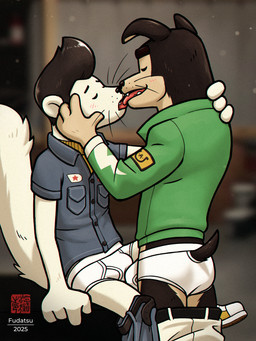 4_fingers anthro anthro_on_anthro belt biped black_belt black_hair black_nose blue_bottomwear blue_clothing blue_pants blue_shirt blue_topwear blurred_background blush bottomwear bottomwear_down briefs brown_body brown_fur bulge butt button_(fastener) clothed clothed_anthro clothed_male clothing cloudco countershade_fur countershading duo erection erection_under_clothing eyebrows eyes_closed fingers footwear fur furgonomics green_clothing green_jacket green_topwear hair hand_on_face hand_on_neck imminent_sex jacket kissing lightning_bolt_print long_tail male male/male pants pants_down partially_clothed pink_tongue pompadour sharp_teeth shirt shoes short_tail side_view sitting slim slim_anthro slim_male smile standing star_polygon tail tan_body tan_fur tan_inner_ear teeth thick_eyebrows tongue tongue_out topwear underwear whisker_spots whiskers white_body white_bottomwear white_clothing white_fur white_pants white_underwear yellow_clothing yellow_footwear yellow_shirt yellow_shoes yellow_topwear fudatsu buddy_thunderstruck_(series) buddy_thunderstruck_(character) darnell_(buddy_thunderstruck) canid canine canis domestic_dog domestic_ferret hunting_dog mammal mustelid musteline rat_terrier terrier true_musteline weasel 2025 3:4 hi_res