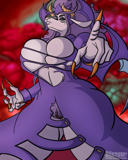 5_fingers anthro big_breasts breasts clothing cosplay crossover_cosplay female fingers fur genitals gesture grey_body grey_fur hair hand_gesture humanoid_hands mature_anthro mature_female pointing pointing_at_viewer pubes purple_hair solo torn_clothing vulva wings sketchybug capcom darkstalkers sucker_for_love jedah_dohma rhok'zan_(sucker_for_love) bovid caprine goat mammal 4:5 crossover hi_res