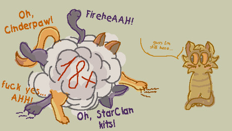 age_restriction balls blush bodily_fluids covering covering_crotch covering_erection covering_penis dialogue erection female feral fight_cloud freckles fur genital_fluids genitals grey_body grey_fur group left_out male male/female moan moaning_name obscured_sex orange_body orange_fur partial_speech_bubble penis precum profanity scratching simple_background student sweat tail teacher teacher_and_student text trio voyeur young young_on_young itsrainbow_(artist) warriors_(book_series) brackenfur_(warriors) cinderpelt_(warriors) firestar_(warriors) domestic_cat felid feline felis mammal english_text brother_(lore) brother_and_sister_(lore) incestuous_voyeur_(lore) sibling_(lore) sister_(lore)