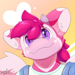 anthro clothing female fur hair looking_at_viewer overalls pink_hair smile smiling_at_viewer solo wings steelshark mythology mazushi dragon furred_dragon furred_scalie mythological_creature mythological_scalie scalie 1:1 hi_res