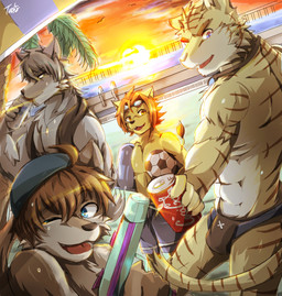 5_fingers abs amber_eyes anthro ball biceps blue_eyes bottomwear brown_body brown_fur brown_hair can chest_tuft clothed clothing container drinking eyebrows eyewear eyewear_on_head fingers fur goggles goggles_on_head grey_body grey_fur grey_hair group hair holding_ball holding_object holding_weapon looking_aside looking_at_viewer male muscular muscular_male one_eye_closed open_mouth orange_hair outside pecs raised_tail short_hair shorts skimpy sky smile soccer_ball stripes sunset swimming_goggles swimming_pool tail tail_tuft tan_body tan_fur thick_eyebrows topless toy toy_gun tuft water water_gun weapon white_body white_fur wink tach8 coca-cola morenatsu kouya_aotsuki shun_kodori soutarou_touno torahiko_ooshima canid canine canis domestic_dog felid husky lion mammal nordic_sled_dog pantherine spitz tiger wolf 2016 colored