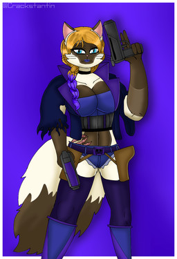 anthro blue_eyes boots braided_hair clothing female fluffy fluffy_tail footwear gun hair jacket legwear lipstick makeup midriff orange_hair ranged_weapon scar shoes solo tail thigh_highs topwear torn_clothing weapon crackstantin lianne_(crackstantin) domestic_cat felid feline felis mammal siamese absurd_res hi_res