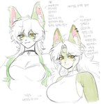 anthro big_breasts breasts choker cleavage clothed clothing countershading dipstick_ears duo ear_markings ear_piercing ear_ring female fluffy fluffy_hair green_ear_tips green_ears hair inner_ear_fluff jewelry long_hair middle_part mouth_closed multicolored_body multicolored_ears multicolored_skin narrowed_eyes necklace piercing pink_inner_ear ring_piercing simple_background smile text topwear tuft two_tone_body two_tone_face two_tone_skin white_background white_inner_ear_fluff yellow_eyes cursedanchovy anchovy_(cursedanchovy) vivy_(cursedanchovy) canid canine canis domestic_dog fish hybrid mammal marine papillon shark toy_dog wolf 2024 bust_portrait hi_res korean_text portrait