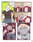 absurd_res anthro anthrofied arcanine bottomwear bulge clothed clothing comic dialogue duo english_text eyewear finger_gun fully_clothed generation_1_pokemon gesture glasses hand_gesture hi_res hoodie jax_(mels_monster) lying machoke male mels_monster_(artist) muscular muscular_male nintendo on_back pants pokemon pokemon_(species) shirt t-shirt text topwear