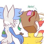 anthro blue_body blue_fur box container dialogue duo female femboy fur male paws red_body red_fur ribbons startled text white_body white_fur yellow_body yellow_fur cocothebraixen nintendo pokemon rune_(~hey_yo~) braixen delphox generation_6_pokemon pokemon_(species) 1:1 absurd_res english_text hi_res signature