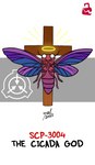 2_antennae 4_wings 6_legs ambiguous_gender antennae_(anatomy) arthropod_abdomen black_text blue_wings broken_lock_symbol christianity cross crucifix crucifixion empty_eyes exoskeleton feral front_view halo hexapod lock_symbol mandibles multi_wing multicolored_wings purple_body purple_exoskeleton purple_wings red_lock_symbol red_text religion simple_background solo spread_wings text white_background white_eyes wings wood yellow_emanata yellow_halo zal-cryptid scp_foundation scp-3004-1 arthropod cicada insect 2021 character_name colored dated digital_drawing_(artwork) digital_media_(artwork) english_text full-length_portrait hi_res portrait signature