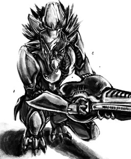 3_fingers 3_toes anthro armor beak broken_armor broken_helmet carbine claws crouching feather_hair feathered_crest feathers feet finger_claws fingers full_armor glint gun head_crest headgear helmet holding_gun holding_object holding_ranged_weapon holding_weapon looking_at_viewer male pseudo_hair ranged_weapon simple_background solo toes weapon ryeono_kemo halo_(series) microsoft xbox_game_studios alien avian kig-yar scalie t'vaoan hi_res monochrome