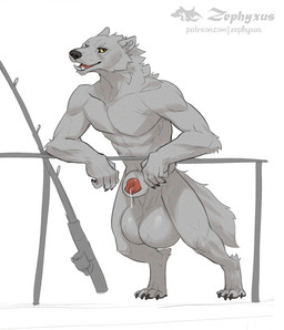animal_genitalia anthro balls big_balls big_penis big_sheath black_nose bodily_fluids claws digitigrade dripping ears_back fishing_rod fluffy fluffy_tail fur genital_fluids genitals grey_body grey_fur huge_balls leaning leaning_forward leaning_on_railing looking_at_viewer male muscular muscular_anthro muscular_male no_irises nude_anthro nude_male open_mouth penis penis_tip pivoted_ears precum precum_drip railing saggy_balls sheath simple_background sketchy solo standing tail teeth text toe_claws white_background yellow_eyes yellow_sclera zephyxus canid canine canis mammal wolf 2026 url watermark