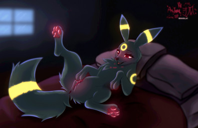 anus bed black_body black_fur blush bodily_fluids clitoral clitoral_masturbation female feral fur furniture genital_fluids genitals markings masturbation moan pawpads paws red_eyes solo text vaginal_fluids vulva window yellow_markings astralia nintendo pokemon eeveelution generation_2_pokemon pokemon_(species) umbreon hi_res watermark