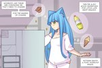 appliance beverage blue_hair blush breasts cleavage clothed clothing dessert dialogue female food fridge green_eyes hair ice_cream inner_monologue kitchen_appliance pudding shirt smile soda solo sparkles standing text thought_bubble topwear pixiveo myu_(pixiveo) animal_humanoid cat_humanoid felid felid_humanoid feline feline_humanoid humanoid mammal mammal_humanoid 3:2 comic english_text