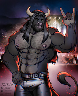 abs alternative_fashion anthro armpit_hair belt big_muscles big_pecs black_hair body_hair bottomwear chest_hair clothing concert_stage ear_piercing ear_ring facial_piercing green_eyes hair horn leather leather_bottomwear leather_clothing leather_pants long_hair male metalhead muscular muscular_anthro muscular_male nipple_piercing nipples nose_piercing pants pecs piercing ring_piercing septum_piercing solo stubble tail text feikro european_mythology greek_mythology mythology dante_(metalbeast) bovid bovine mammal minotaur hi_res url