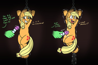 ambiguous_gender ankles_tied anthro arms_tied black_background blush bound chain chained_cuffs closing_legs dialogue disembodied_hand duo female feral freckles helpless intersex intersex/female legs_tied sex_toy shaking shaking_legs simple_background sound_effects squeal teasing text tickle_torture tickling tickling_belly tremble_lines trembling trembling_eyes verbal_teasing vibrator vibrator_tickling wand_vibrator caroo friendship_is_magic hasbro my_little_pony anon anonymous_character applejack_(mlp) english_text