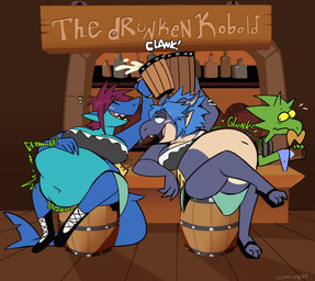 after_vore anthro belly big_belly blue_body blue_hair breasts female green_body group hair overweight purple_hair sitting text vore cchilab kobold scalie 2025 hi_res