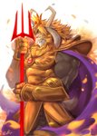 anthro armor beard blonde_hair cape clothed clothing crown eyes_closed facial_hair fur hair headgear holding_melee_weapon holding_object holding_polearm holding_trident holding_weapon horn male mature_anthro mature_male melee_weapon muscular muscular_anthro muscular_male petals polearm solo trident weapon white_body white_fur rabbity undertale undertale_(series) asgore_dreemurr boss_monster_(undertale) bovid caprine mammal hi_res