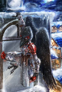 anthro armor avian_feet beak black_body black_feathers blue_eyes chainmail city city_background claws clothed clothing eye_markings feathered_wings feathers feet female markings plate_armor scutes snow snowing solo talons toes town wings jebby_(artist) mab elenora_(bahumot) avian bird corvid corvus_(genus) oscine passerine raven digital_media_(artwork)