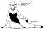 anthro bell bell_collar breasts cleavage clothed clothing collar dialogue female fur hooves horn leotard one_piece_suit sitting solo text wool_(fur) tegerio lana_lynne bovid caprine mammal sheep 2022 black_and_white english_text monochrome