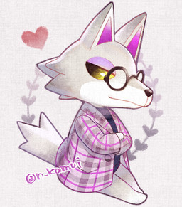abstract_background anthro biped black_nose blue_clothing blue_shirt blue_topwear brown_eyes chibi clothed clothing crossed_arms eyewear fluffy fluffy_tail front_view fur glasses glistening glistening_eyes grey_body grey_clothing grey_fur grey_shirt grey_topwear half-closed_eyes head_tuft heart_symbol kemono leg_markings looking_at_viewer male markings monotone_tail multicolored_body multicolored_fur narrowed_eyes pattern_clothing pattern_shirt pattern_topwear pince-nez plaid plaid_clothing plaid_shirt plaid_topwear purple_inner_ear shirt simple_background sitting smile smirk snout socks_(marking) solo tail three-quarter_view topwear tuft two_tone_body two_tone_fur white_background white_body white_fur yellow_sclera n_kamui animal_crossing nintendo fang_(animal_crossing) canid canine canis mammal wolf full-length_portrait portrait