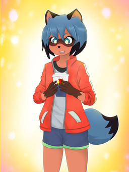 anthro blue_hair bottomwear brown_body brown_fur clothed clothing dipstick_tail female fur gloves_(marking) hair jacket markings open_clothing open_jacket open_mouth open_topwear shorts solo tail tail_markings topwear moonfluffmf brand_new_animal studio_trigger michiru_kagemori canid canine mammal raccoon_dog tanuki 3:4 hi_res