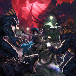 ambiguous_gender anthro blue_clothing blue_dress blue_hat blue_headwear brick_road building clothing detailed_background dress dutch_angle female feral fin group gun hat headgear headwear holding_gun holding_object holding_ranged_weapon holding_weapon horn lamp male membrane_(anatomy) membranous_wings motorcycle muscular muscular_male night open_mouth outside ranged_weapon scales sharp_teeth shooting_gun teeth tentacles vehicle weapon webbed_hands wings diego_gisbert_llorens arkham_horror fantasy_flight_games aquatic demon demon_humanoid fish human humanoid mammal monster rodent 1:1 absurd_res cover digital_media_(artwork) hi_res official_art