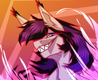 bangs black_eyebrows black_mane ear_tuft eyebrow_through_mane eyebrows eyelashes eyelashes_through_hair female female_feral feral fur gradient_background grey_body grey_fur grin grinning_at_viewer hair light looking_at_viewer mane medium_mane multicolored_mane orange_background outline purple_eyes purple_mane red_eyelashes red_outline sharp_teeth simple_background smile smiling_at_viewer solo teeth text toothy_grin translucent translucent_hair tuft two_tone_mane rayrage hasbro my_little_pony fan_character earth_pony equid equine horse mammal pony 2020 artist_name bust_portrait colored digital_drawing_(artwork) digital_media_(artwork) english_description lighting portrait shaded